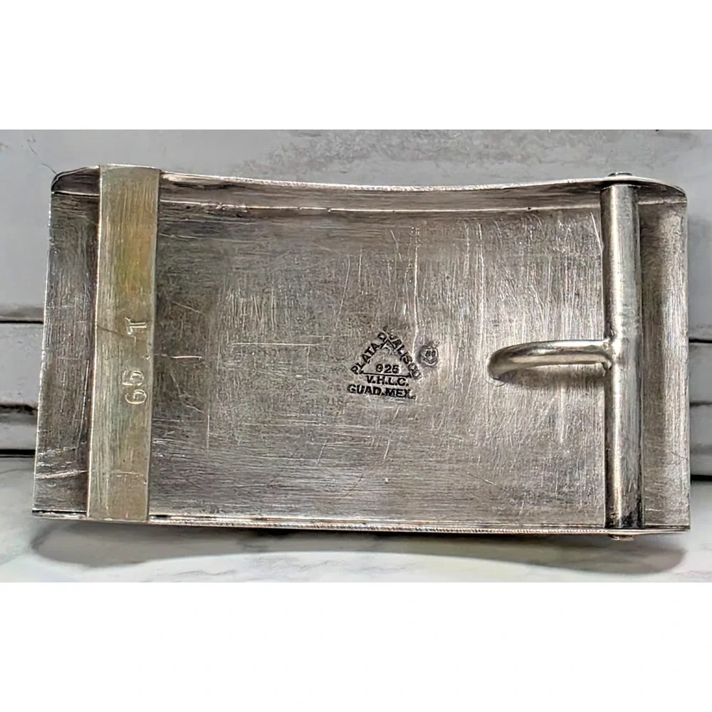 VHLC Plata de Jalisco .925 Sterling Silver Turquoise Aztec Belt Buckle, Vintage